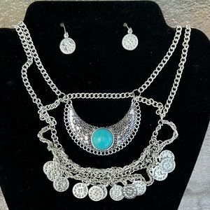 NWOT Michelle Collection, silver and turquoise necklace and earring set